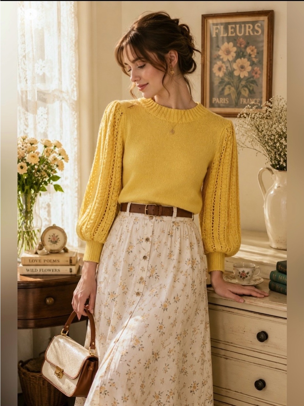 Heartloom Yellow Poof Sleeves Crew Neck Vintage Vibe Sweater Size XS